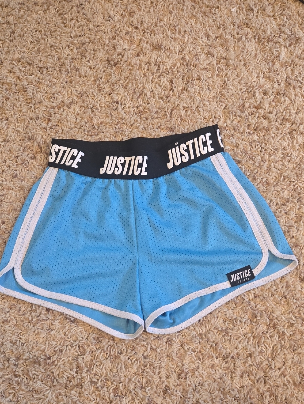 Justice Light Blue Athletic Mesh Shorts with Elastic Logo Waistband